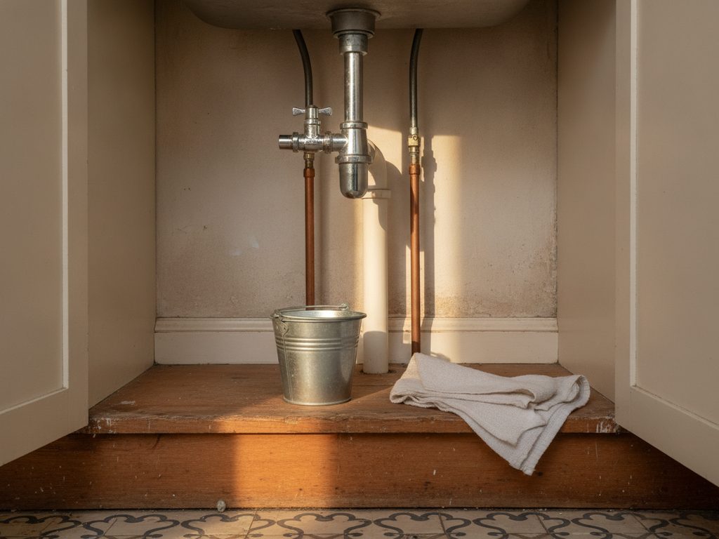 Dessous d'un meuble d'évier : siphon chromé, robinet d'arrêt, tuyaux de cuivre, seau en zinc et torchon plié