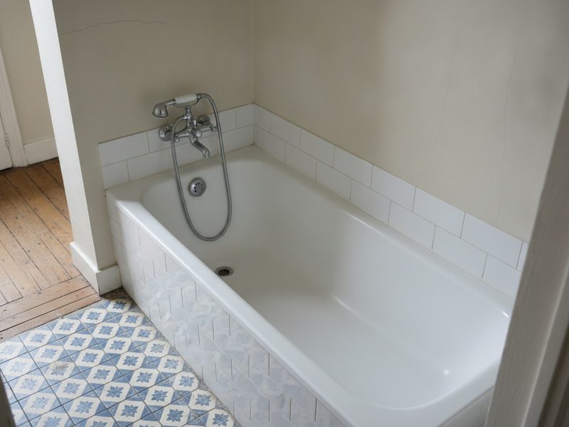 Baignoire blanche encastrée dans une niche de salle de bain, avec la bonde chromée, le trop-plein et le mitigeur mural au-dessus, sur un carrelage ancien.
