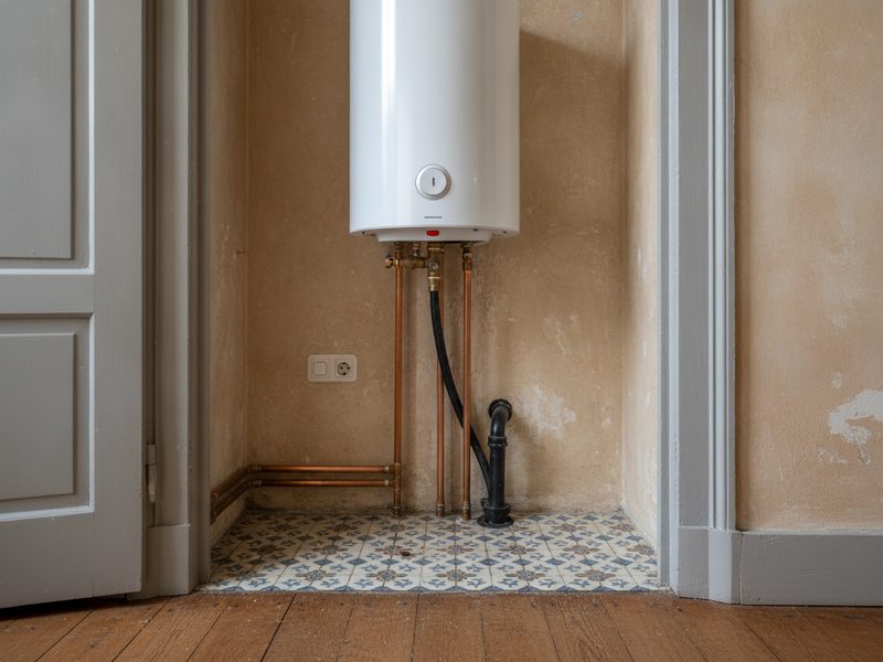 Chauffe-eau électrique mural blanc dans une niche, avec tuyaux de cuivre, flexible noir et évacuation visibles en dessous.