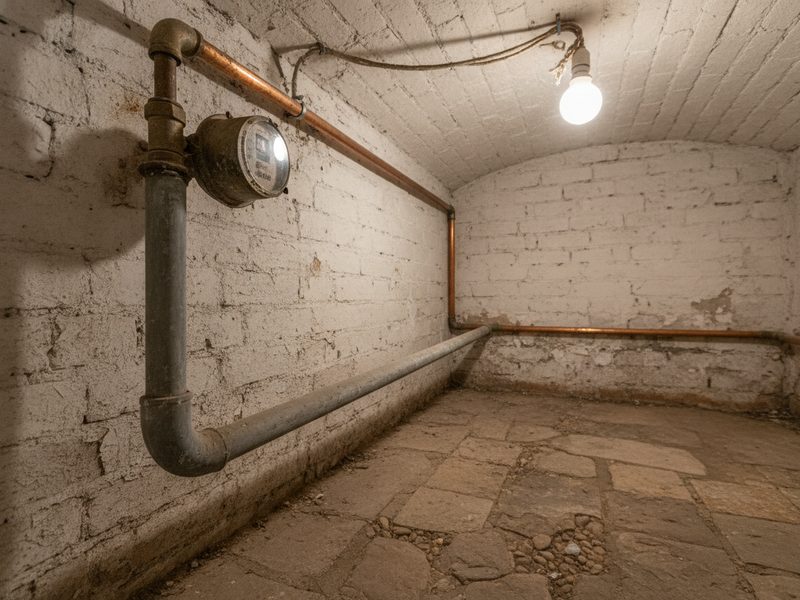 Ancien tuyau gris mat qui part d'un compteur d'eau le long d'un mur de cave en briques blanchies, à côté d'un tuyau en cuivre.