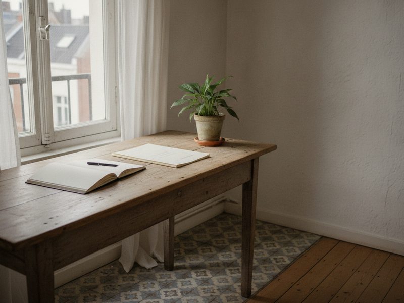 Table en bois près d'une fenêtre avec un carnet ouvert, un stylo, des feuilles et une plante verte.