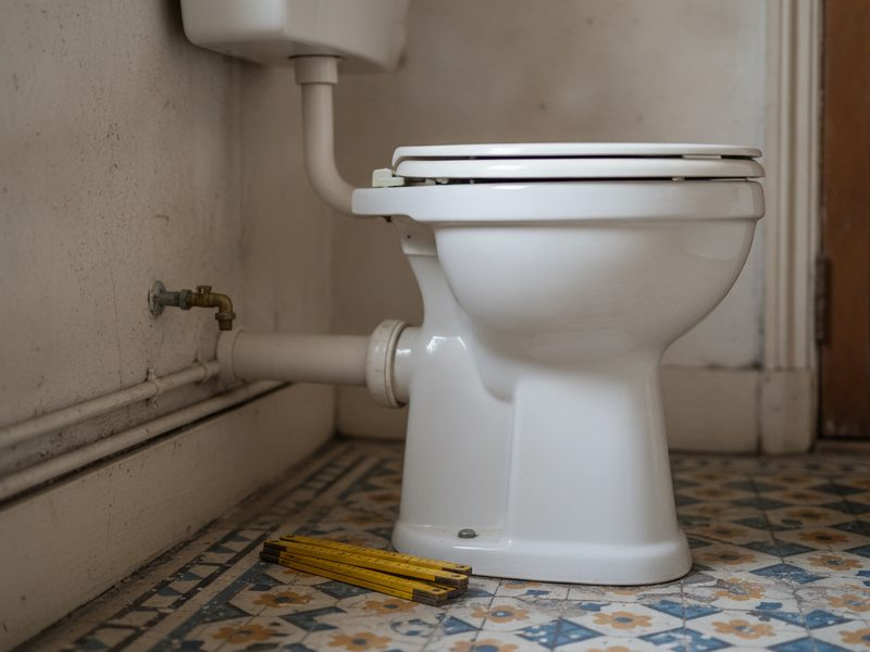 WC à poser vu de côté, avec la sortie d'évacuation horizontale vers le mur, le petit robinet d'arrêt de l'arrivée d'eau et un mètre pliant posé sur le carrelage.
