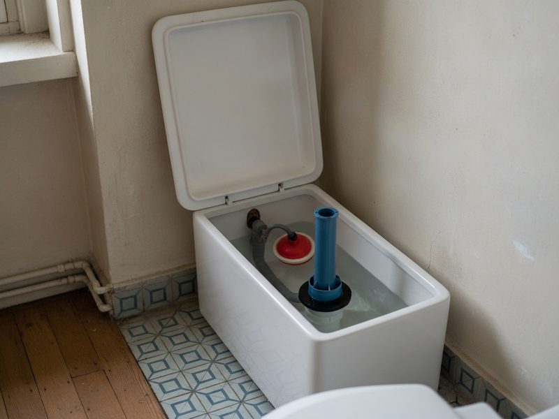 Réservoir de chasse ouvert, couvercle relevé, avec le flotteur rouge et le tube de trop-plein bleu visibles dans l'eau.