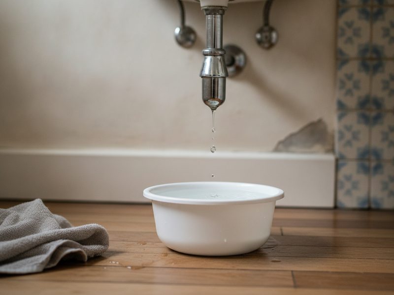 Goutte qui tombe d'un siphon chromé sous un lavabo dans une bassine blanche, avec un torchon sur le parquet.